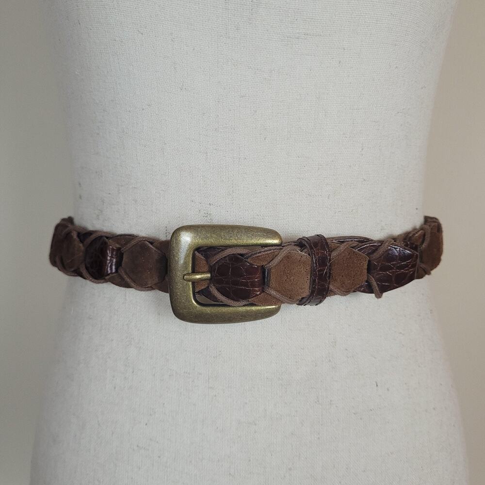 Vintage Brown Leather Suede Belt Medium Woven Croc Embossed Boho Hippie 80s 90s